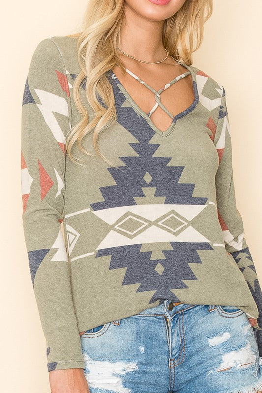 Plus Size Olive Green Tribal Print Top