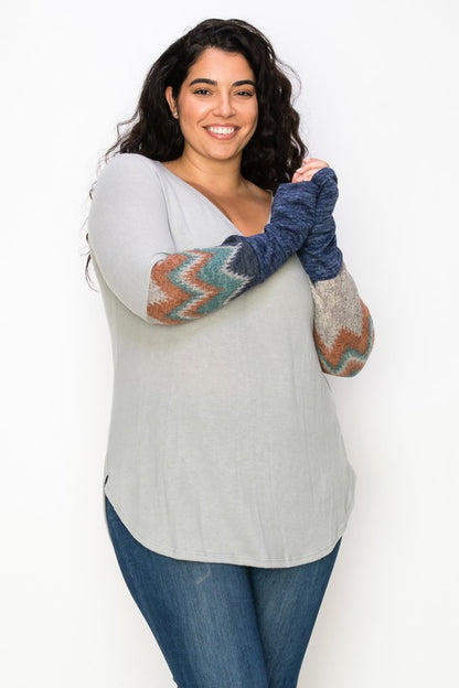 Plus Size Color Block Sleeve V Neck Top