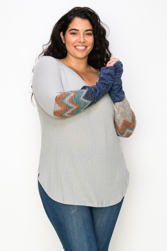 Plus Size Color Block Sleeve V Neck Top