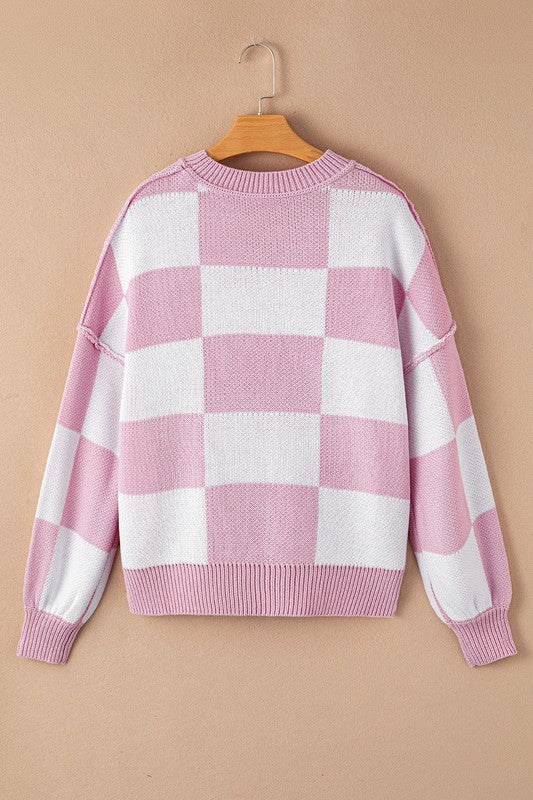 Pink Checkered Bishop Sleeve Sweater