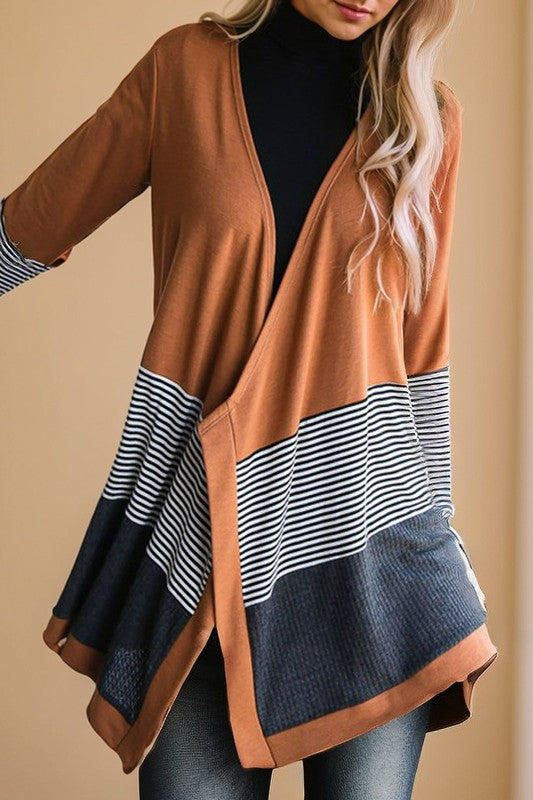 Colorblock Striped Waffle Patchwork Open Cardigan