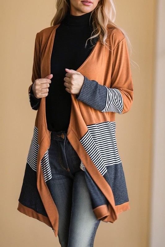 Colorblock Striped Waffle Patchwork Open Cardigan