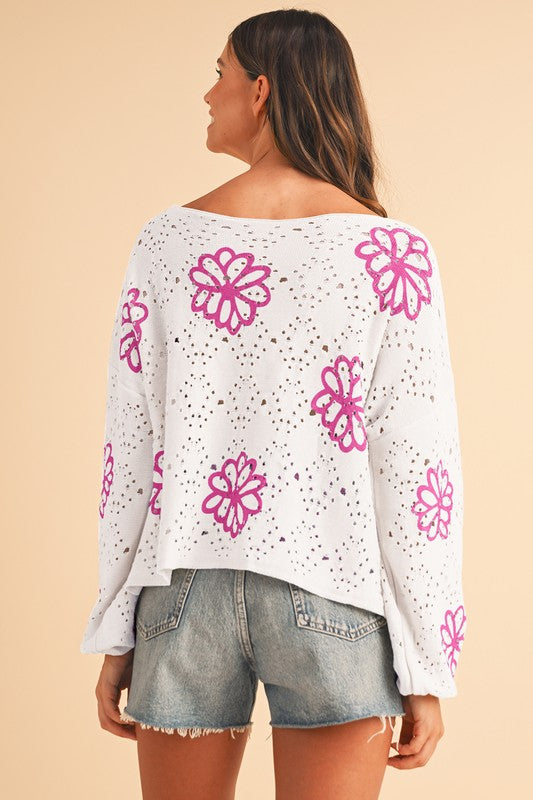 Flower Print Drop Shoulder Hollow Knit Sweater