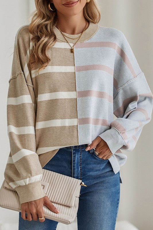 Striped Colorblock Drop Shoulder Sweater