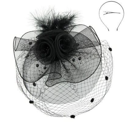 DOUBLE MESH FISHNET VEIL WITH 2 ROSES FASCINATOR - Cori Beautique Collection