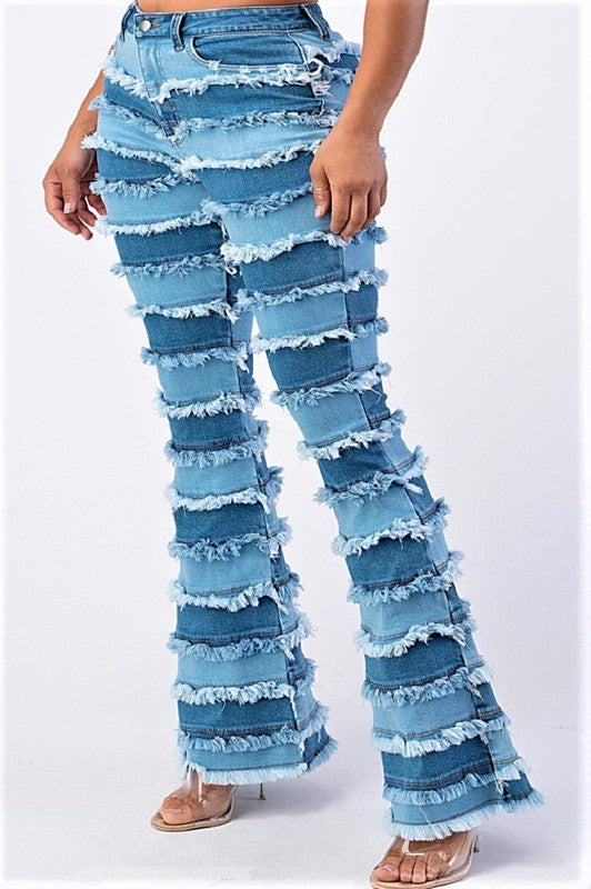 Plus Size High Rise Patchwork Flare Jeans