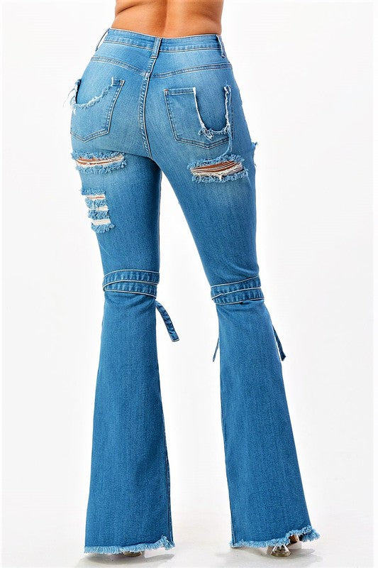 High Rise Destroyed Knee Tied Jeans
